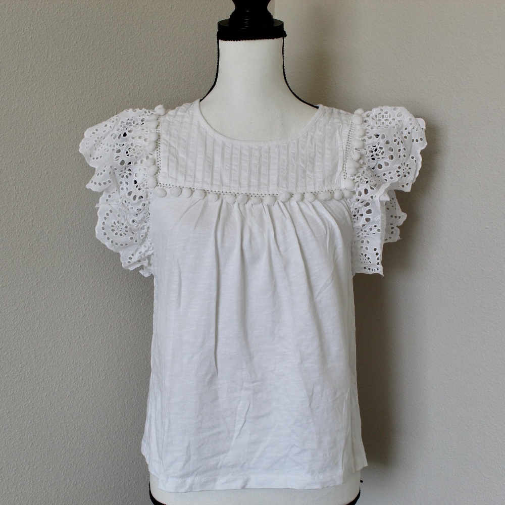 White Eyelet Flutter Sleeve & Pom-Pom Detail T-Shirt